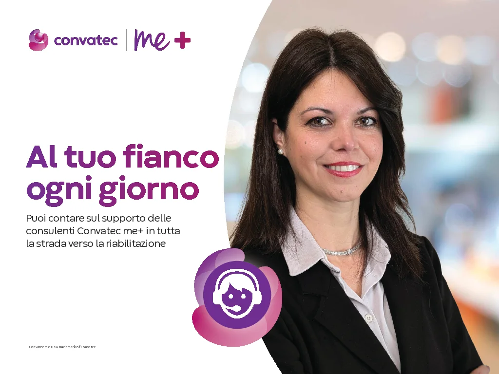 a woman smiling with a purple circle around her neck